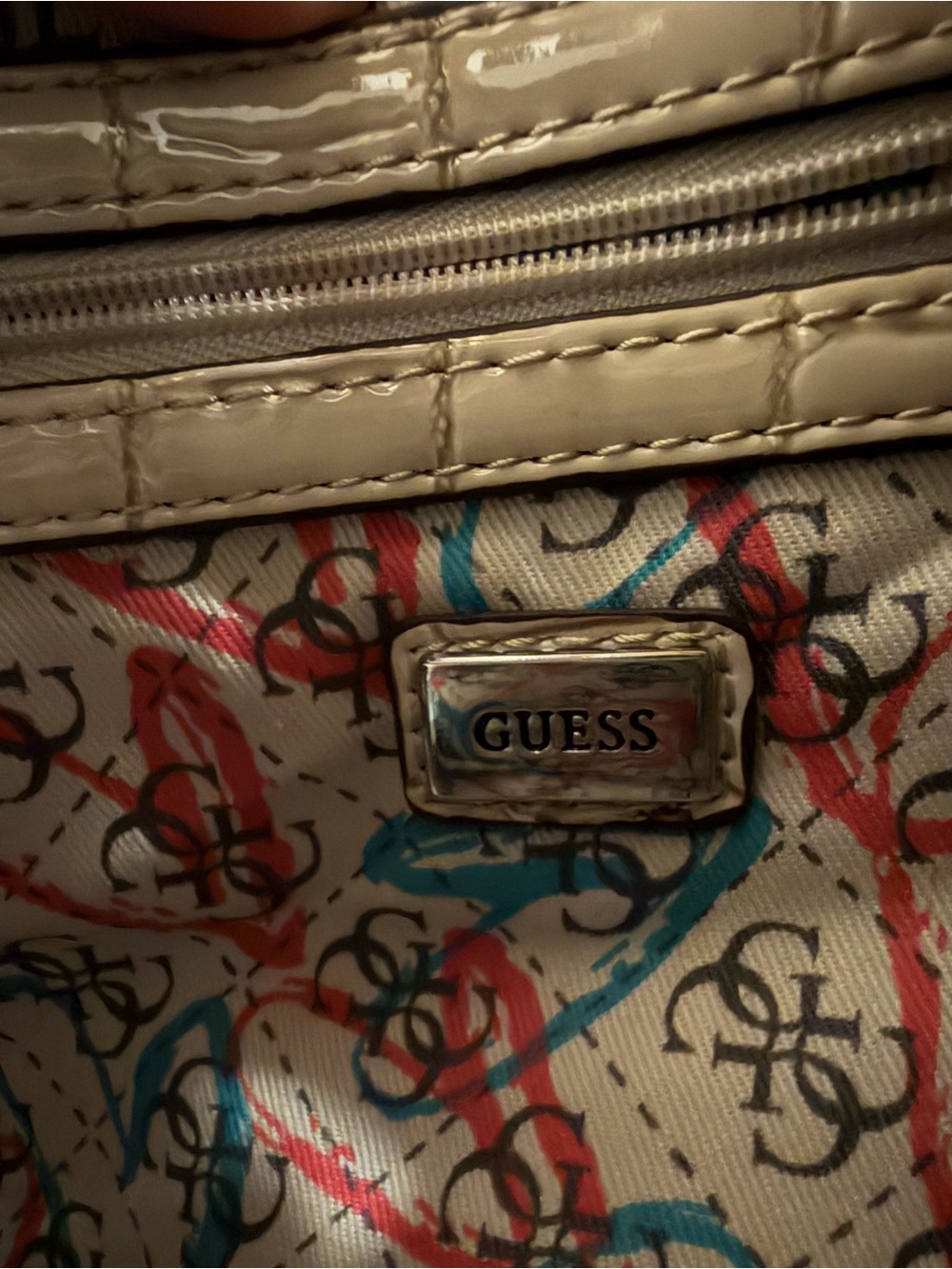 Guess Cream, Brown & Tan Croc-Embossed Shoulder Bag with Heart Plaque - Picture 7 of 7
